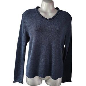 Metallic Ruffle Sz L Liz Claiborne Sport Knit V-neck Ruffle Trim Sweater Blue